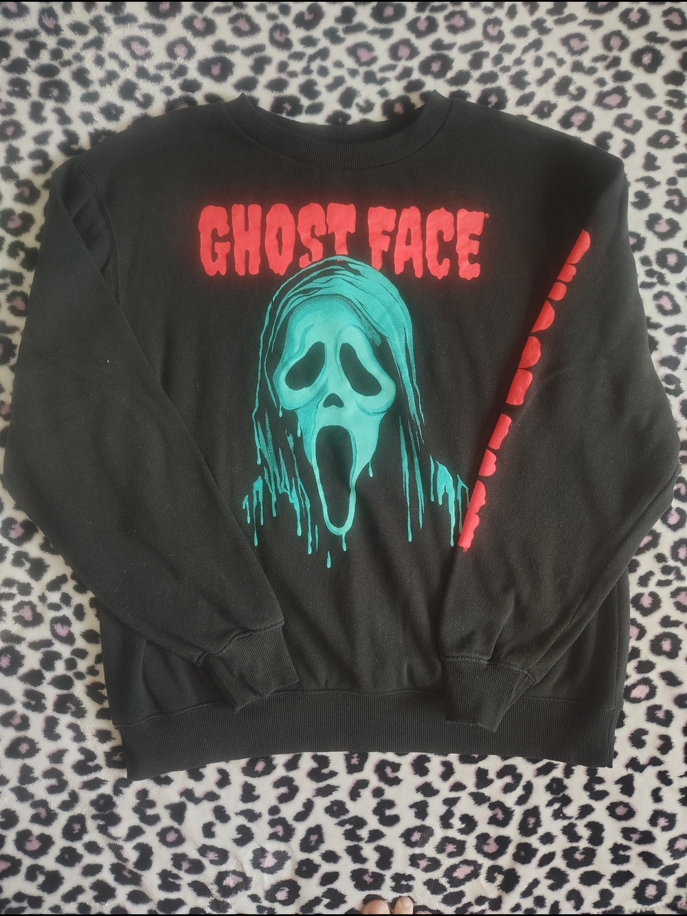 Ghost Face Graphic Black Sweatshirt - Red & Teal Print